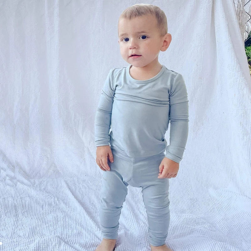 2024 Bamboo Fiber Toddler Kids Pajamas Clothes Solid Hight Elasticity Breathable Sleepwear Set For 9M-5T Boy Girl Loungewear