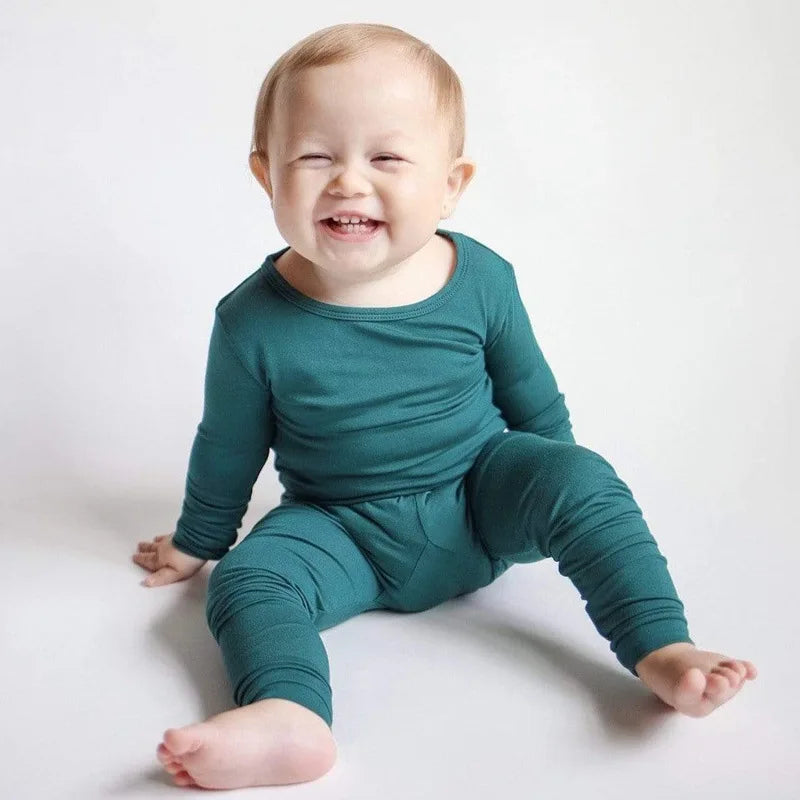 2024 Bamboo Fiber Toddler Kids Pajamas Clothes Solid Hight Elasticity Breathable Sleepwear Set For 9M-5T Boy Girl Loungewear