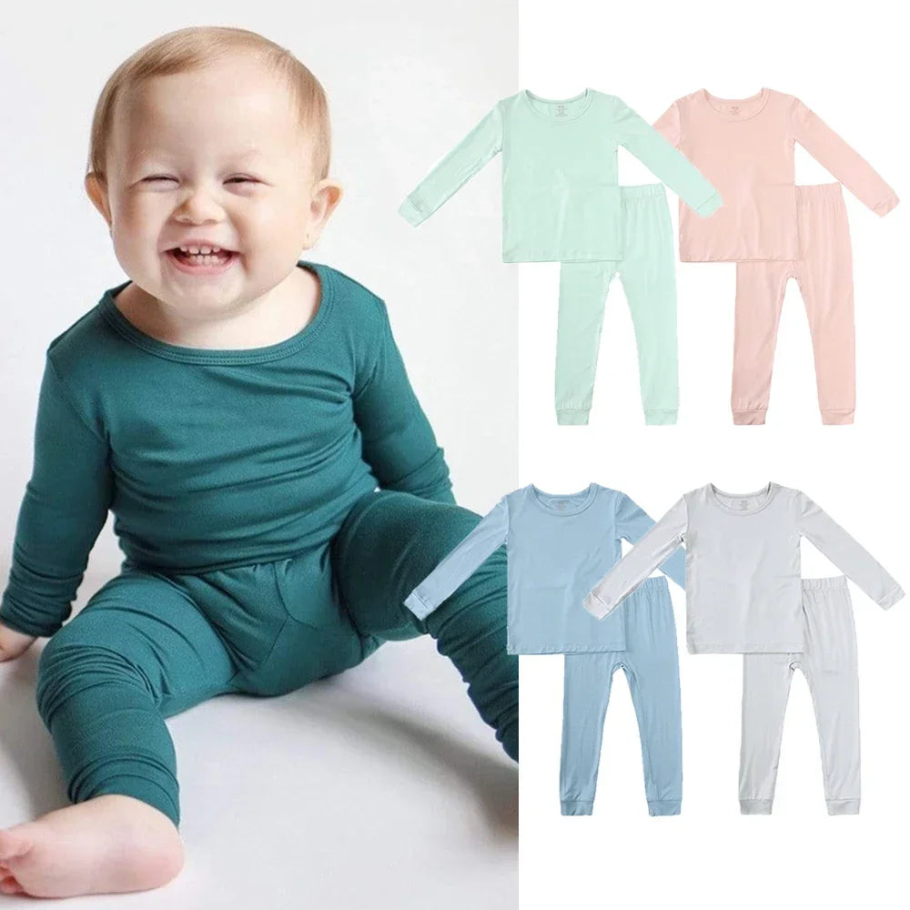 2023 Bamboo Fiber For Kids Pajamas Solid Long Sleeve Pants Breathable Sleepwear Clothes Toddler Boy Girl Loungerwear Outfits