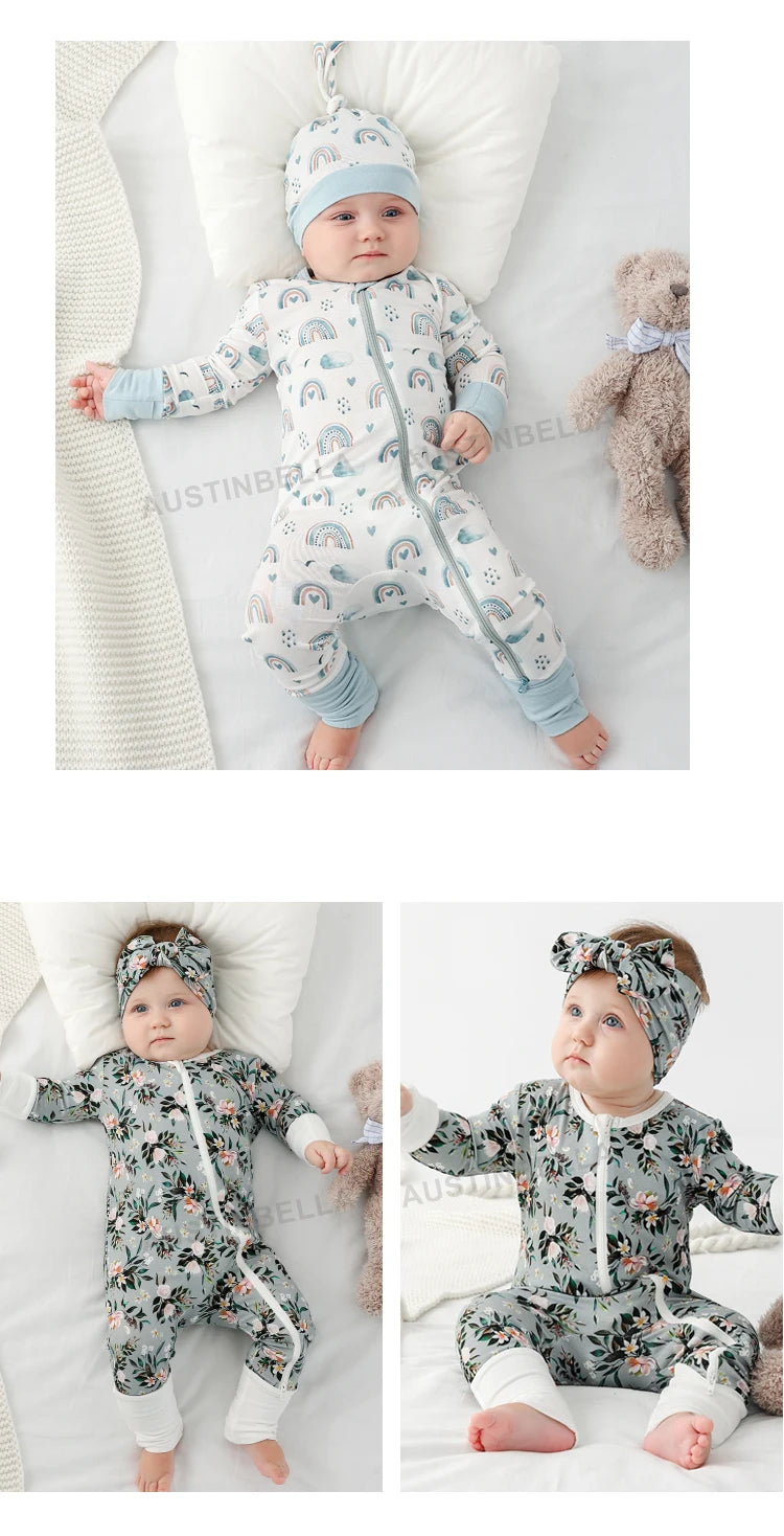 AustinBella Bamboo Fiber Baby Zipper Romper Printed Baby Boy Girl Clothes Newborn One-piece Bodysuit Onesie Bamboo Baby Clothing