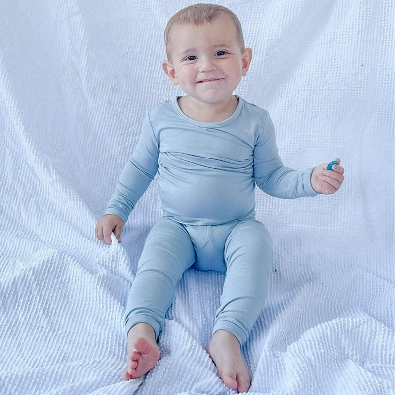 2024 Bamboo Fiber Toddler Kids Pajamas Clothes Solid Hight Elasticity Breathable Sleepwear Set For 9M-5T Boy Girl Loungewear